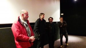 Frédéric Lefort a accueilli dans la salle du cinéma lyonnais Opéra qu'il anime les réalisateurs Raphaël Girardot et Vincent Gaullier ainsi qu'un des responsables du 10e festival Novembre des canuts (© Pierre Nouvelle).